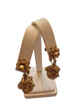 Vintage Early Miriam Haskell Brass Dangle Clip Earrings (A9743)